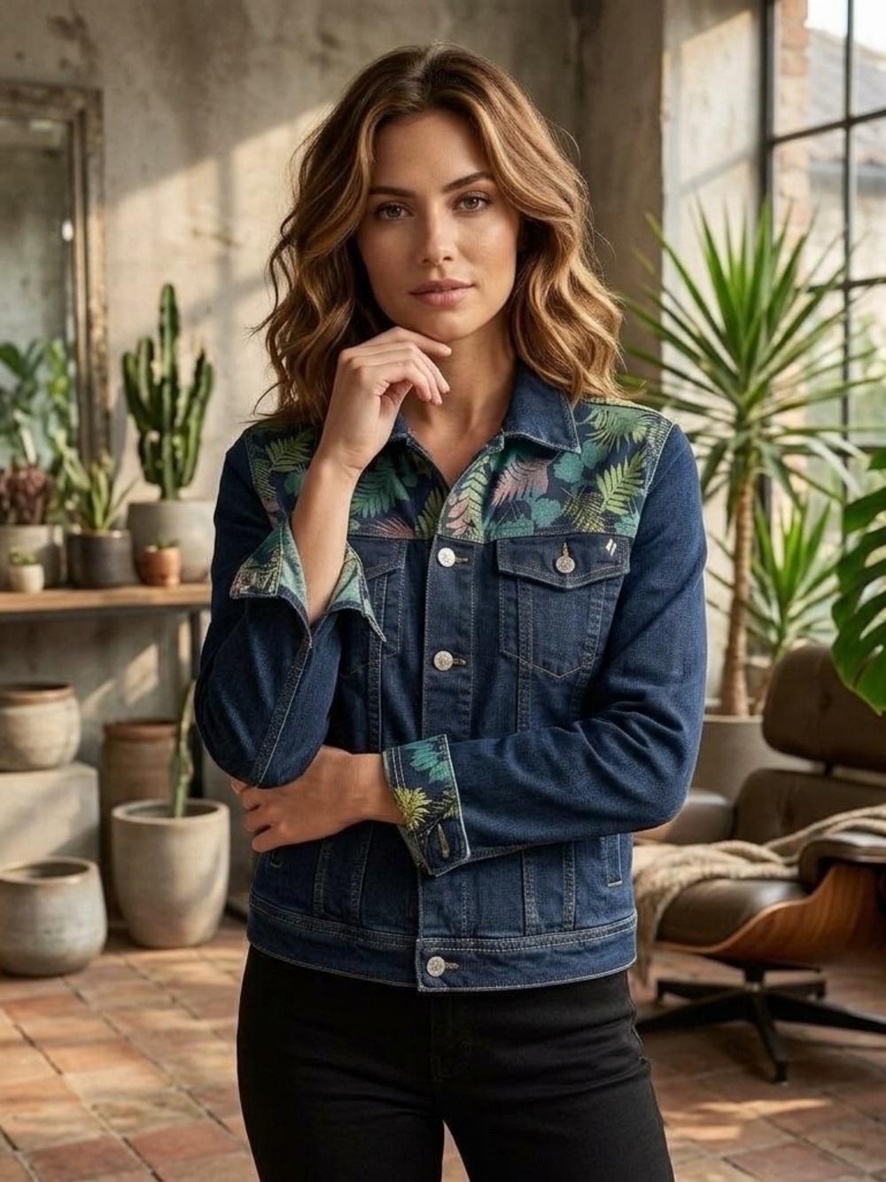 Dark Blue Denim Jacket with Green Botanical Yoke